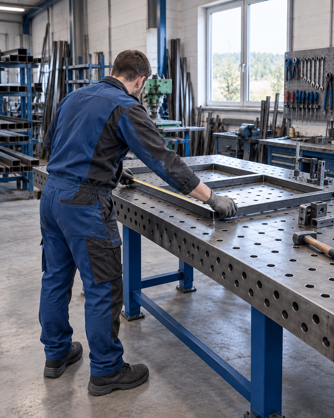 KI-Platzhaltermotiv: Handwerker beim Ausmessen eines Stahlrahmens in einer Werkstatt